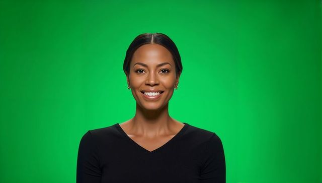 Smiling professional woman portrait with green chroma-key backdrop for branding studio headshot