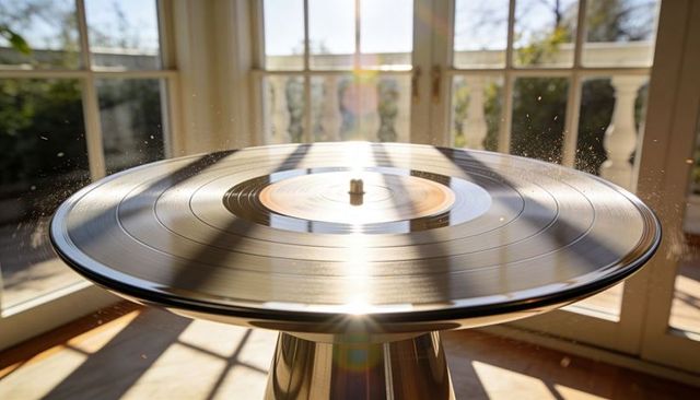 Sunlit spinning vinyl on reflective turntable with glowing dust and retro sunbeams