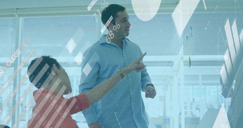 Team collaborating on touchscreen displaying analytics charts with percent overlays