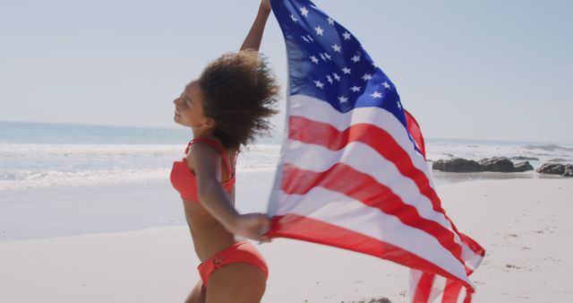 Young Woman in Bikini Celebrating with American Flag at Beach - Download Free Stock Images Pikwizard.com