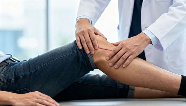 Clinician examining postoperative knee scar during orthopedic follow-up in clinic