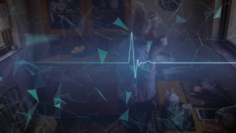 Senior Woman Drinking Coffee with Futuristic Digital Cardio Interface