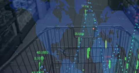 Economics Concept with Digital Data Overlaid on Shopping Cart
