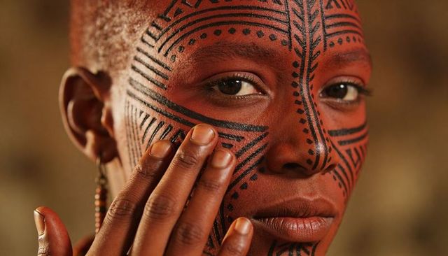Bald black woman touching cheek wearing geometric facial paint close-up headshot