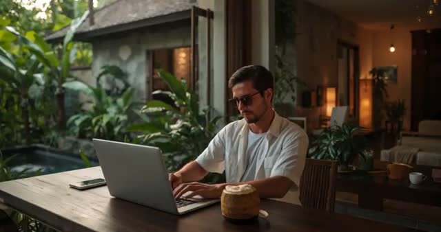Man Enjoying Tropical Veranda with Laptop and Coconut Drink