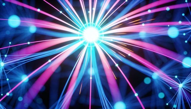 Radiating neon network hub emitting energy filaments and glowing nodes for technology