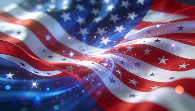 Waving american flag swirling with sparkling light trails and glossy fabric texture