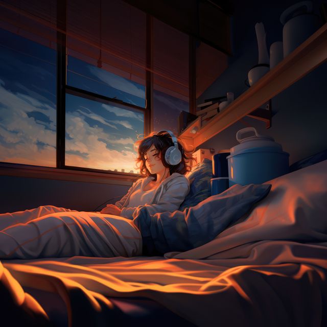 Lofi anime girl wearing headphones in bed, created using generative ai technology. Anime, youth culture and urban style concept digitally generated image.