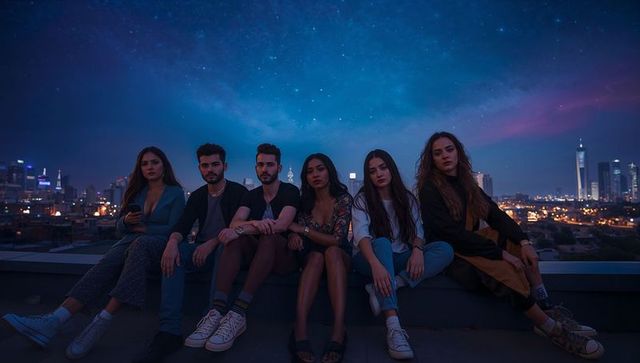 Friends Celebrating Rooftop Night Under Starry Sky