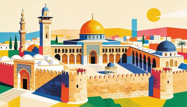 Golden dome fortress with courtyard and minarets, colorful architectural illustration