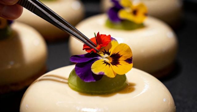 Chef placing edible pansy on glazed mousse dome with tweezers for plated dessert