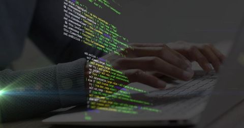 Developer hands typing on laptop with green code overlay, coding concept, double exposure