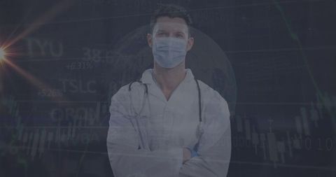 Doctor with Mask Analyzing Financial Charts for Futuristic Medical Research