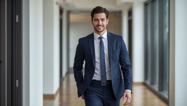 Confident businessman striding through modern office corridor in navy suit