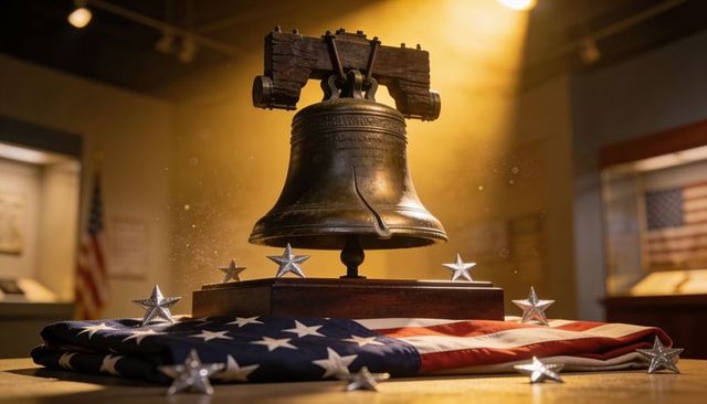 Historic cracked bronze bell resting on folded american flag under museum spotlight