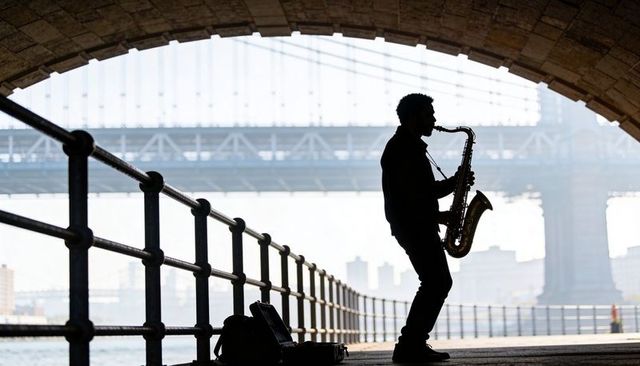 Playing saxophone under stone arch silhouetted busking street musician by riverside bridge