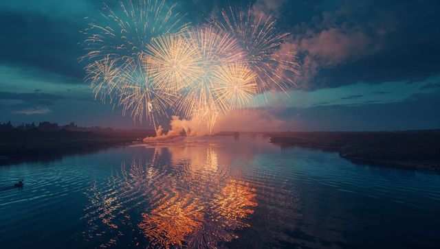 Vibrant fireworks display reflecting on tranquil twilight river