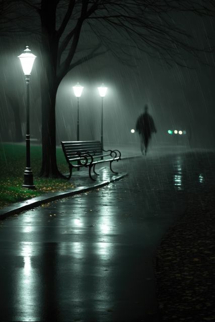 Bench in park by street lamps on dark misty rainy night, created using generative ai technology - Download Free Stock Photos Pikwizard.com
