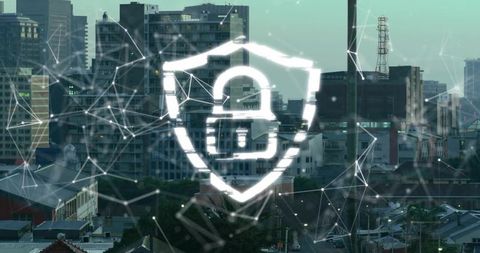 Floating Glowing Shield Lock Overlaying Urban Skyline with Connected Network Nodes