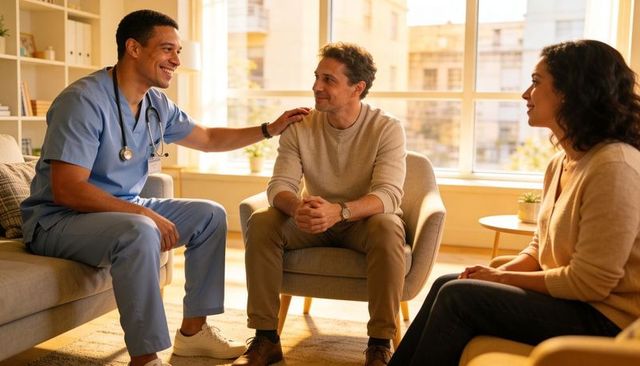 Clinician comforting middle-aged man during warm home healthcare consultation with partner
