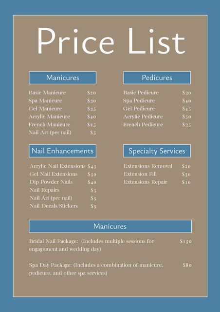 This elegant beauty salon price list template displays detailed pricing for manicures, pedicures, nail enhancements, and specialty services. The refined design and soft color tones evoke feelings of elegance and relaxation, making it perfect for high-end and luxury beauty parlors. It includes sections for basic and spa services, accommodating different client needs. Ideal for displaying in a spa reception area, printing for handouts, or sharing on social media to inform clients about available beauty treatments.