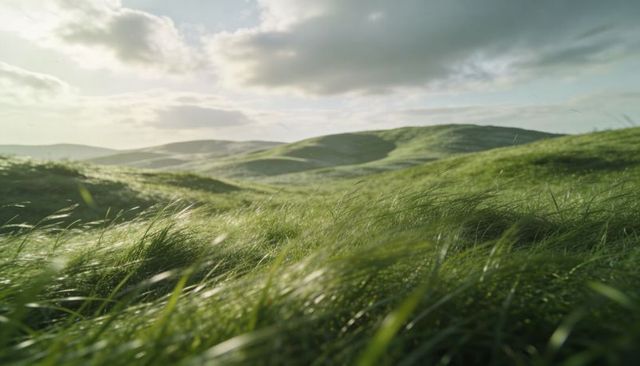 Swaying green meadow grass stretching across rolling hills under soft cloud light