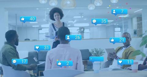 Leading woman presenting in modern coworking lounge with social media engagement overlays