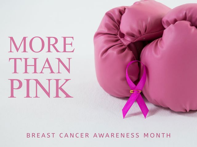 Pink boxing gloves and ribbon symbolize the fight against breast cancer. Ideal for campaigns during Breast Cancer Awareness Month, health brochures, social media posts, and wellness blog articles. It conveys strength, determination, and support.
