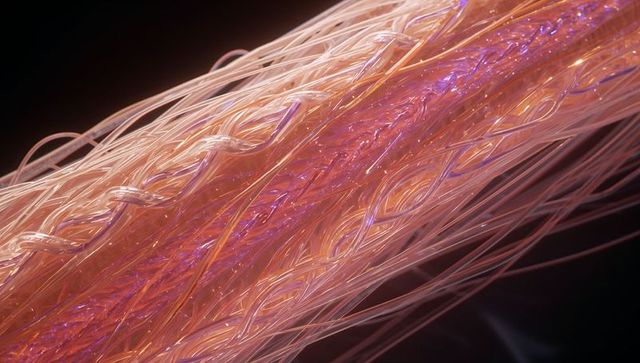 Glowing Iridescent Braided Polymer Filaments Close-Up Reflecting Light and Glossy Texture