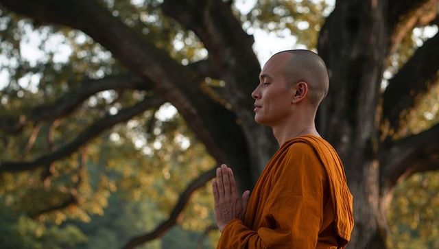 Saffron-robed Buddhist monk meditating beneath oak tree at golden hour