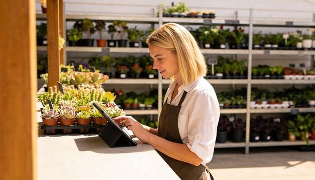 Nursery worker checking tablet at succulent retail counter in sunlit greenhouse