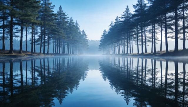 Mirrored Pine Corridor Reflecting Misty Dawn Over Glassy Lake for Serene Nature Scenes
