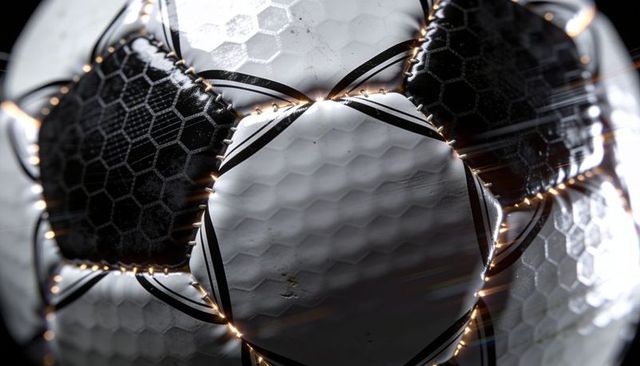 Macro soccer ball close-up showing stitched seams, dimpled honeycomb texture and rimlight