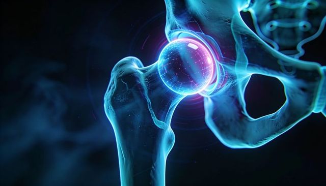 Neon glowing hip joint showing femoral head articulating with pelvic socket 3D anatomy concept