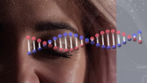 DNA Strand Animation Over Women's Eye Highlighting Connection
