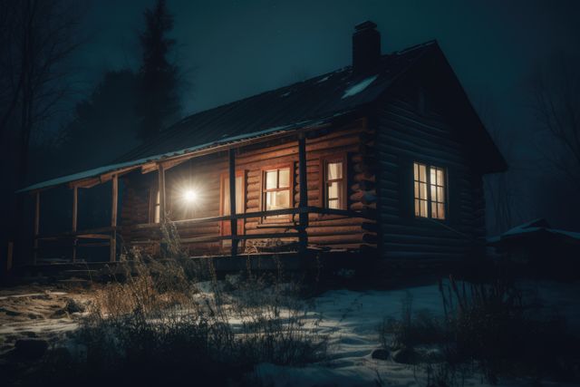 Wooden cabin in forest with lit windows at night, created using generative ai technology. Cabin, nature, vacation and forest concept digitally generated image.