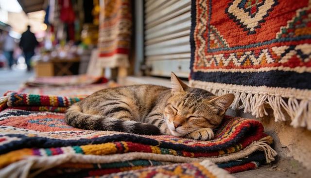 Sleeping tabby cat curling up on colorful woven rugs at bustling bazaar stall with tapestry
