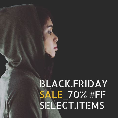 Mystical woman in hoodie promoting black friday sale