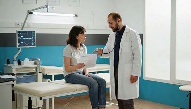 Doctor consulting female patient on examination couch with ecg monitor and medical notes