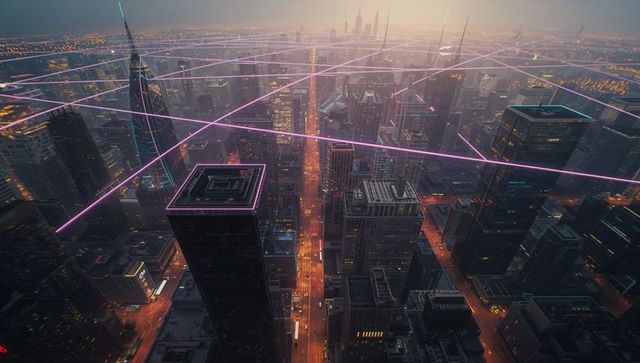 Futuristic Neon Grid Over Vibrant Cityscape at Dusk