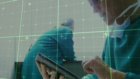 Senior Surgeon Using Digital Tablet in Hospital with Grid Overlay