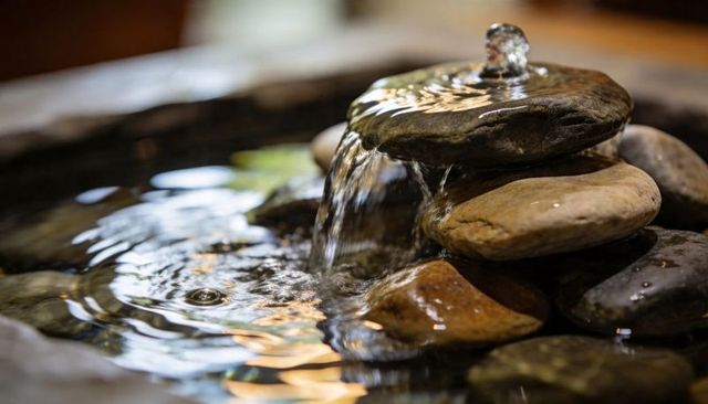 Flowing water over stacked spa stones creating ripples, reflections and soft bokeh