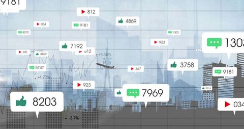Social Media Engagement Overlay on Urban Cityscape - Download Free Stock Images Pikwizard.com