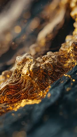 Golden filament flowing over dark rock macro, settling and glowing with warm bokeh vertical video