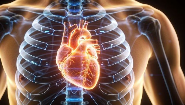 Translucent ribcage revealing glowing 3d heart with futuristic medical hud overlay