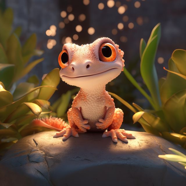 Close up of cute gecko on stone in nature, created using generative ai technology. Wildlife and beauty and nature concept digitally generated image.