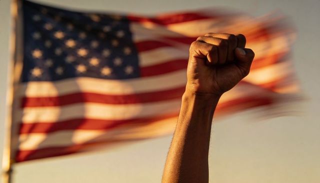 Holding raised fist of determination against blurred american flag at sunset
