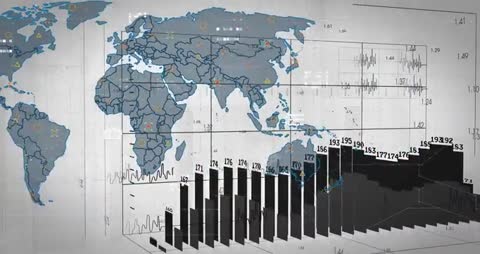 Futuristic Analytics Display with World Map and 3D Graphs