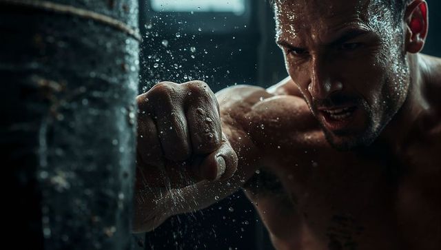 Intense Boxer Delivering Punches in Dimly Lit Gym