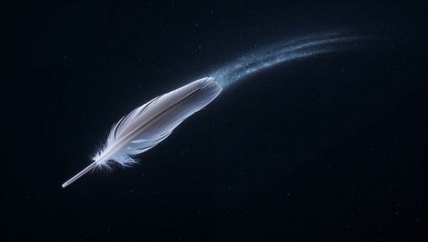 Floating pale feather releasing glowing stardust trail in cosmic nightscape